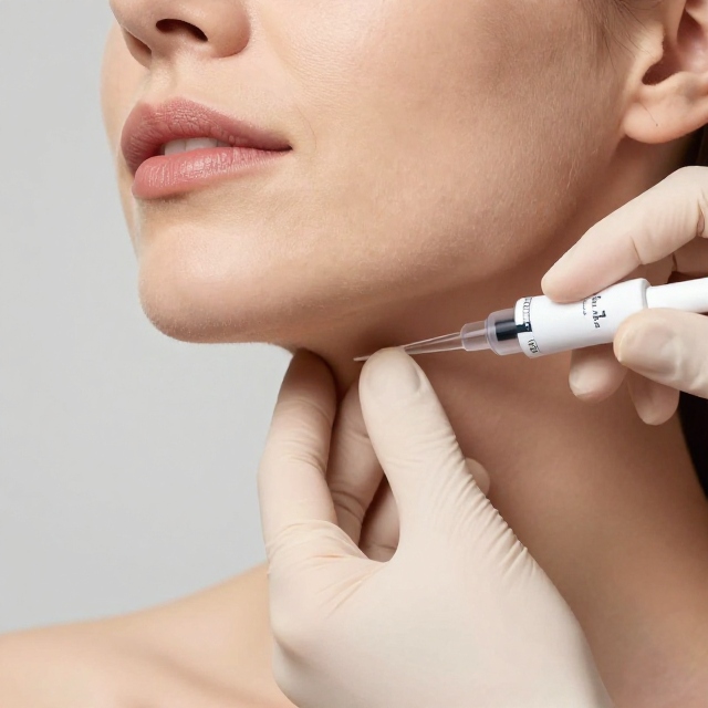 Practitioner assessing submental fat before fat dissolving injections